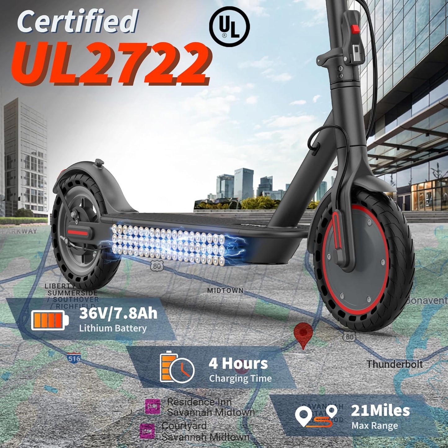 Electric Scooter with Seat for Adults - 19MPH & 21-Mile Range, 350W Motor, 8.5" Solid Tires with App Control & Dual Brake System - UL2272 Certified Folding Commuter E-Scooter for Adults