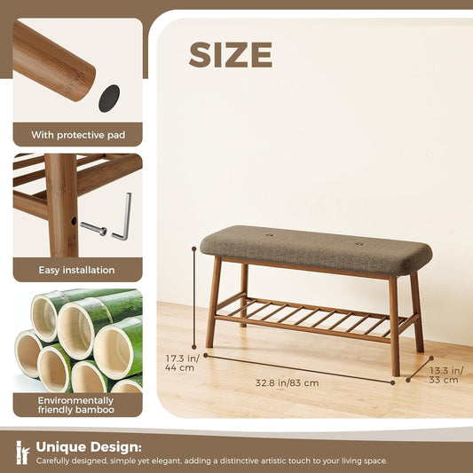Shoe Rack Bench for Entryway 2-Tier Bamboo Bench Storage with Cushion Storage Benches for Bedroom Living Room Indoor(Brown)