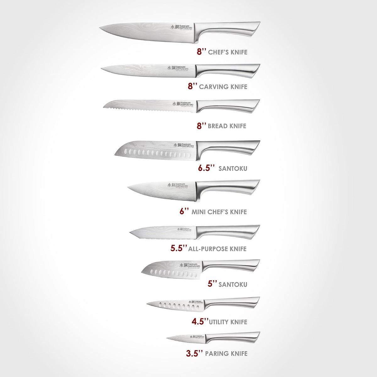 Cuisine::pro Damashiro Knife Block (Hiryu, 10-Piece Set) - Premium Japanese Steel Knife Set with Acacia Wood Block & Tempered Glass Window - Damascus-Inspired Blade