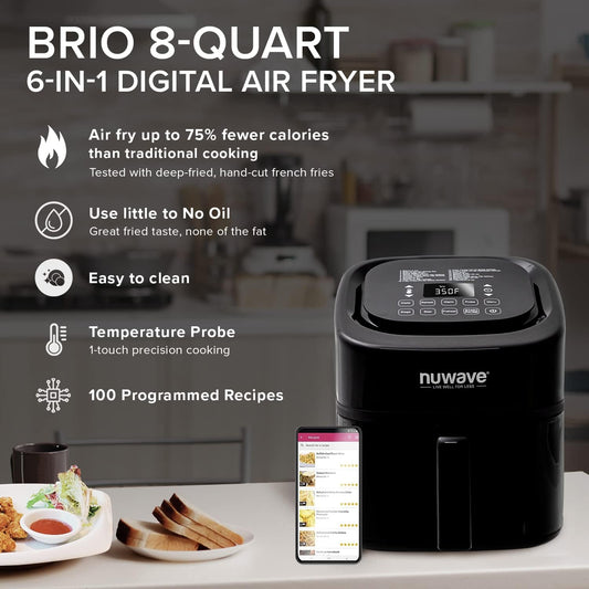 Brio 8-Qt Air Fryer, Powerful 1800W, Easy-To-Read Cool White Display, 50°-400°F Temp Controls, 100 Pre-Programmed Presets & 50 Memory Slots, Integrated Smart Thermometer, Linear T Technology