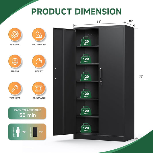 Metal Garage Storage Cabinets with Lock-72 Tall Tool Organizer Steel Lockers, 5 Adjustable Layers Shelves for Home,Office,Warehouse,Garage,(Black-72“)