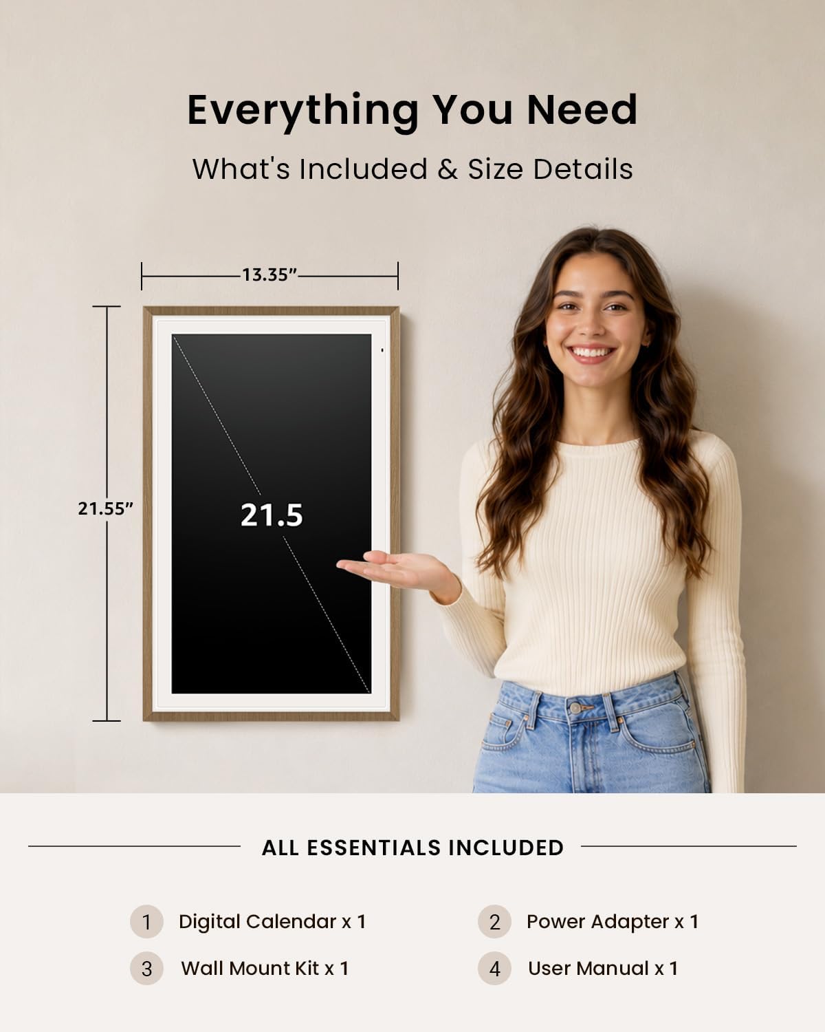 Apolosign 21.5-inch Digital Calendar, Smart Wall Planner with Calendar Sync, Chore Chart, Meal, Install Apps, Electronic Touchscreen Display for Family Schedules, Dual Mode, Wall Mount Included (Teak)