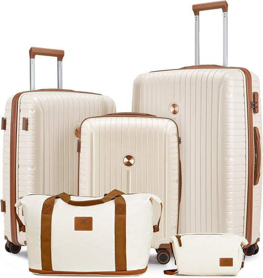 Luggage Sets 5 Piece PP Hardshell Carry on Suitcase, Travel Lightweight Carry-On with Double Spinner Wheels and TSA Lock, Beige Brown