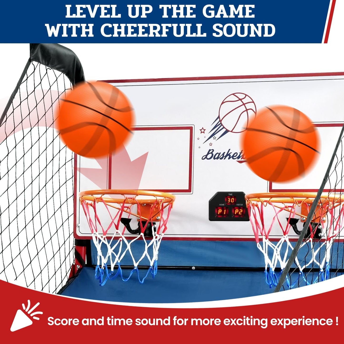 Basketball Arcade Game, Electronic Basketball Shooting Game with 8 Game Modes, Arcade Sounds, Foldable Frame, 4 Balls, Inflation Pump, Ideal Indoor Sport Games for All Players - Dual Shots