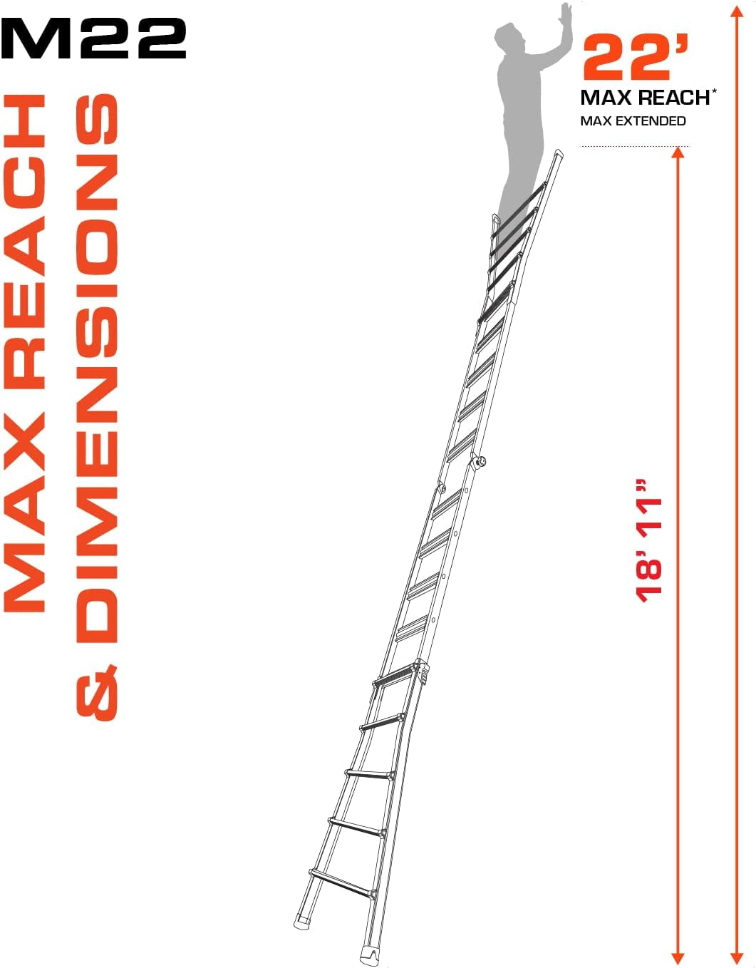 Ladder Systems, Velocity with Wheels, M22, 22 Ft, Multi-Position Ladder, Aluminum, Type 1A, 300 Lbs Weight Rating, (15422-001)