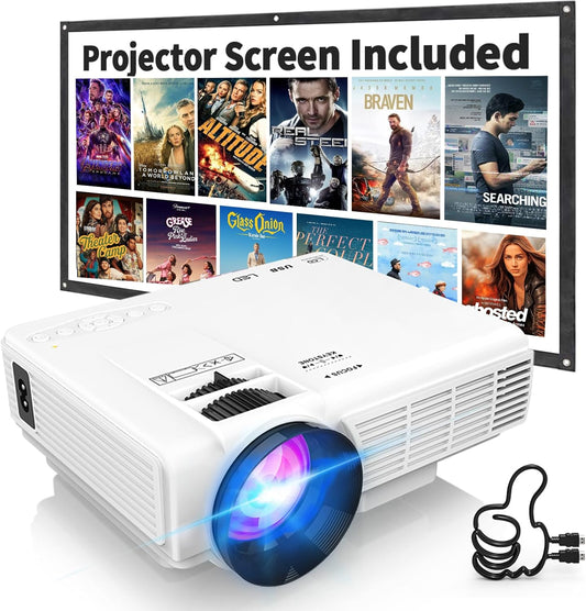 Projector with Two-Way Bluetooth, Mini Projector with Projector Screen, Full HD 1080P Portable Video Projector, Home Movie Projector Compatible with Hdmi/Usb/Smartphone
