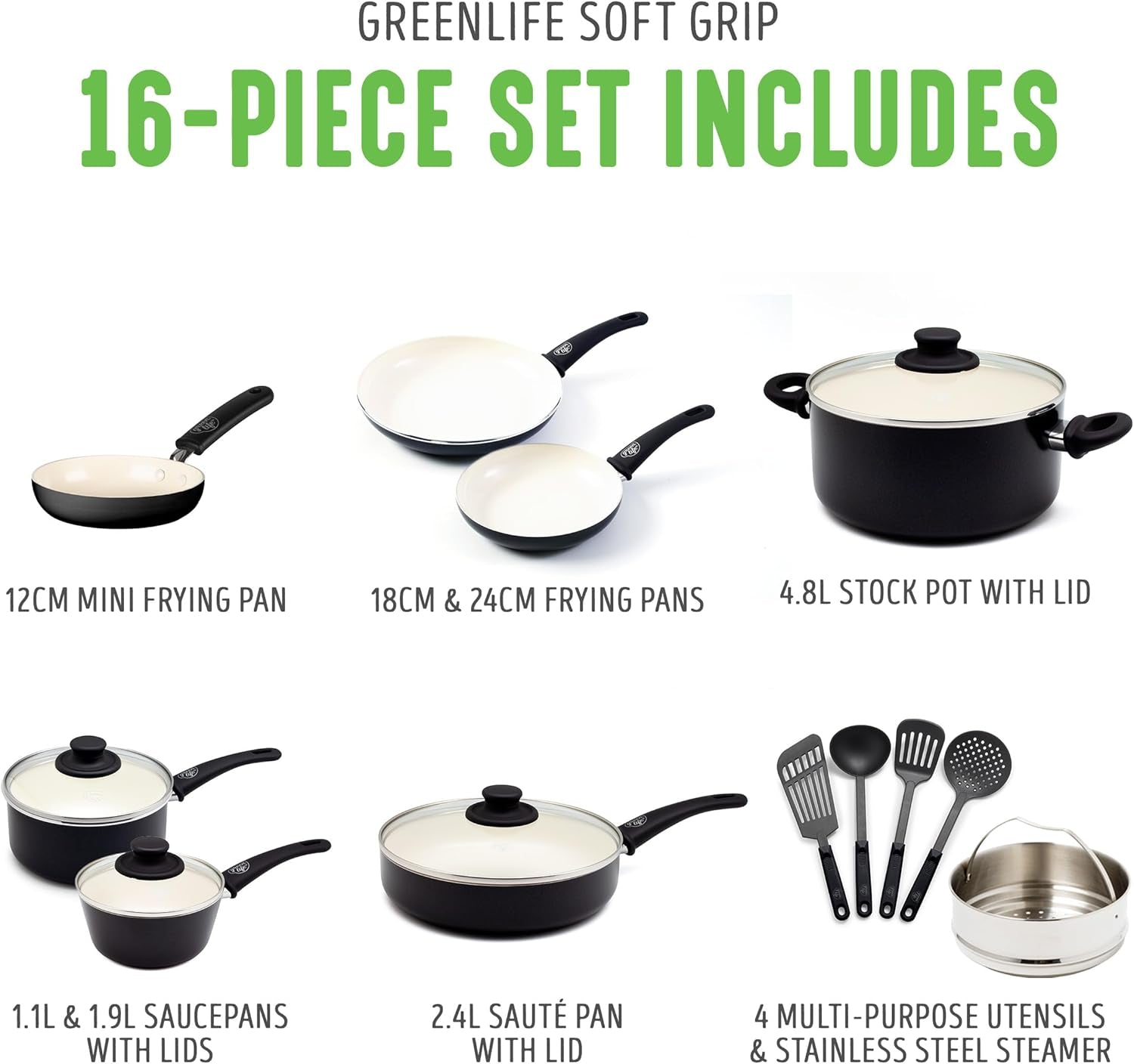 16 Piece Nonstick Cookware Set, Soft Grip Non-Toxic Pfas-Free Ceramic Pots & Pans, Dishwasher & Oven Safe, Frying, Sauce, Utensils, Glass Lids, Stay-Cool Handles, Wobble Free, Black & Cream