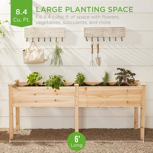 72X24X30In Raised Garden Bed, Elevated Wood Planter Box Stand for Backyard, Patio, Balcony W/Divider Panel, 6 Legs, 300Lb Capacity - Natural
