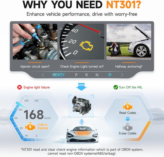 NT301 OBD2 Scanner Live Data Professional Mechanic OBDII Diagnostic Code Reader Tool for Check Engine Light
