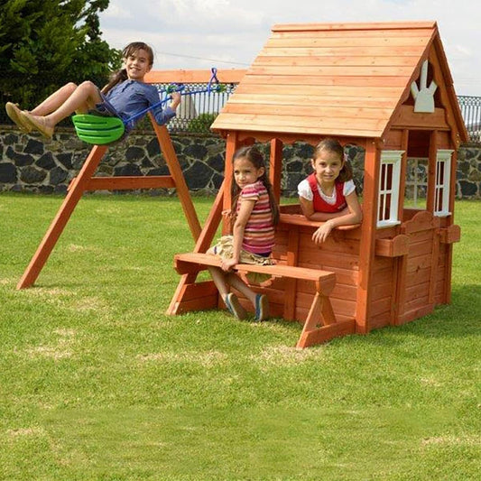 Swing N' Play Wooden Outdoor Backyard Playhouse with Swing, Picnic Bench and Flower Boxes, Brown