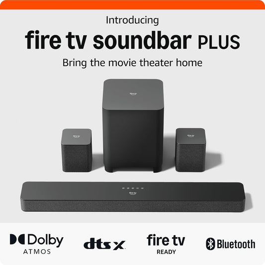 Fire TV Soundbar plus with Subwoofer and Surround Sound Speakers (Newest Model), 5.1 Channel, Dolby Atmos, Clear Dialogue