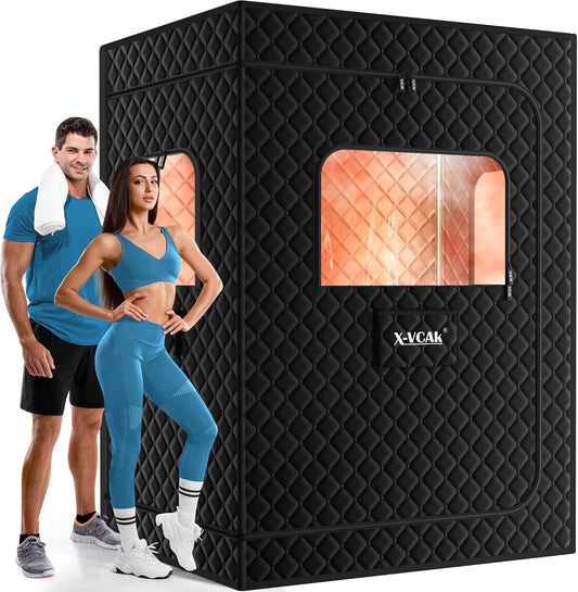 2 Person Sauna, Extra Large Sauna Box, Portable Steam Sauna Tent with 2 Steamers, 2 Folding Chair, 71”X 49”X 36”, Black