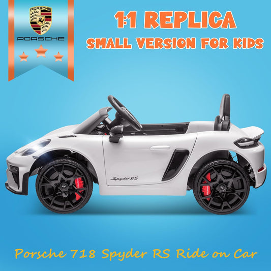 Licensed Porsche 718 Spyder RS Ride-On Electric Car for Kids with Remote Control, 12V Ride on Toys for Toddlers, Electric Power Vehicle W/Trailer Wheels, Bluetooth/Usb/Aux, LED Lights, White
