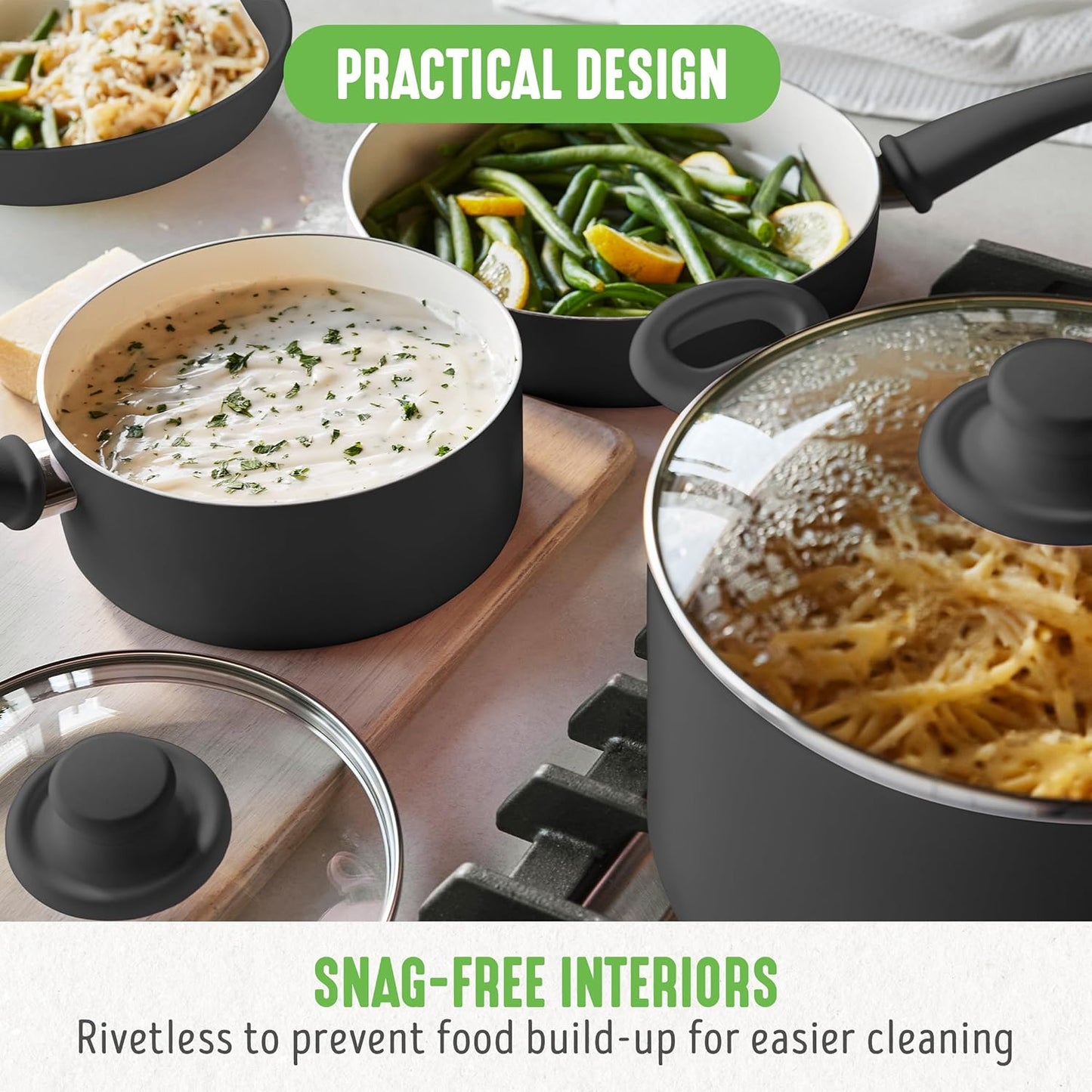 16 Piece Nonstick Cookware Set, Soft Grip Non-Toxic Pfas-Free Ceramic Pots & Pans, Dishwasher & Oven Safe, Frying, Sauce, Utensils, Glass Lids, Stay-Cool Handles, Wobble Free, Black & Cream