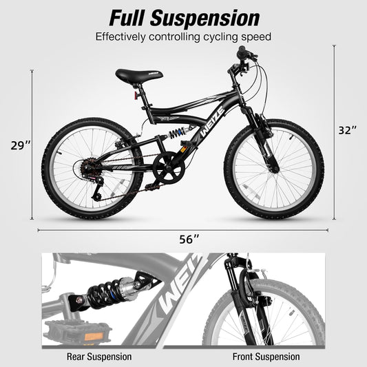 Kids Mountain Bike, 20 Inch Kids' Bicycles for 6-12 Years Old Boys Girls with Dual Full Suspension, 6 Speeds Drivetrain, High-Carbon Steel Frame, Ideal for Young Riders and Adventurers