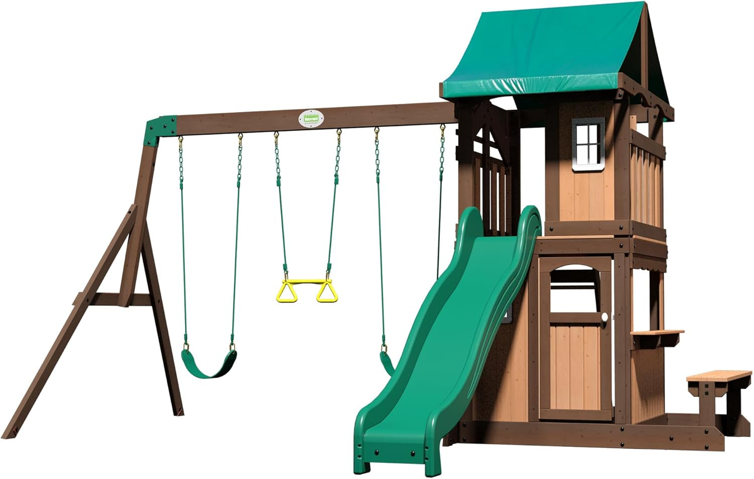 Lakewood Cedar Wood Swing Set with Wave Slide, Clubhouse, Playhouse, Snack Bar Window, Picnic Area, Belt Swings, Trapeze, Full Front Door, Windows, Step Ladder, Outdoor Playset
