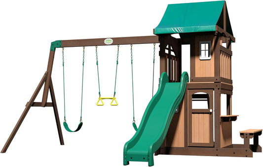 Lakewood Cedar Wood Swing Set with Wave Slide, Clubhouse, Playhouse, Snack Bar Window, Picnic Area, Belt Swings, Trapeze, Full Front Door, Windows, Step Ladder, Outdoor Playset