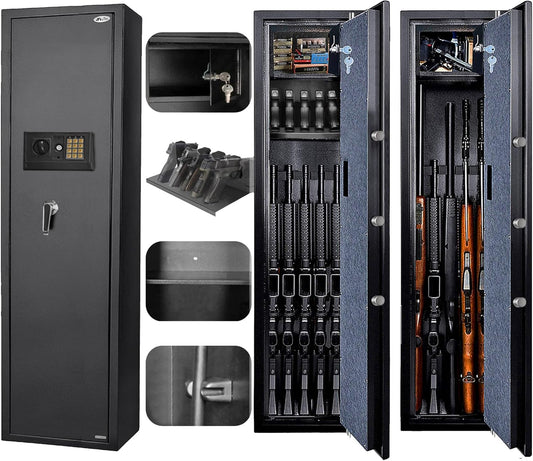 Large Rifle Safe, Long Gun Safe for Rifle Shotgun for Home, Quick Access 5-6 Gun Storage Cabinet with a Handgun Lock Box and a Removable Shelf, Silent Mode(Pin Code Version)