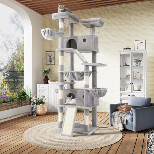 81In Multi-Level Tall Cat Tree Tower for Indoor Kitties/Larger Cat Condo Furniture with Hammock/Cozy Pussycat Perches/Sisal Scratching Posts/Pet House/Wide Base/Grey