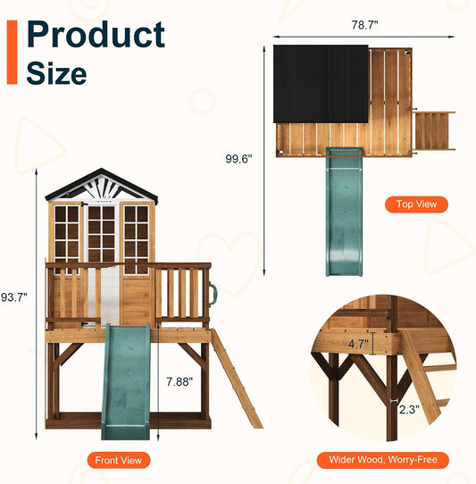 Elevated Outdoor Kids Playhouse, Fir Wood Playset with Wave Slide, Play Kitchen, Wrap-Around Deck, Flat-Step Ladder, Windows, Picnic Table, and Growth Chart for Ages 3-8, Natural Tone
