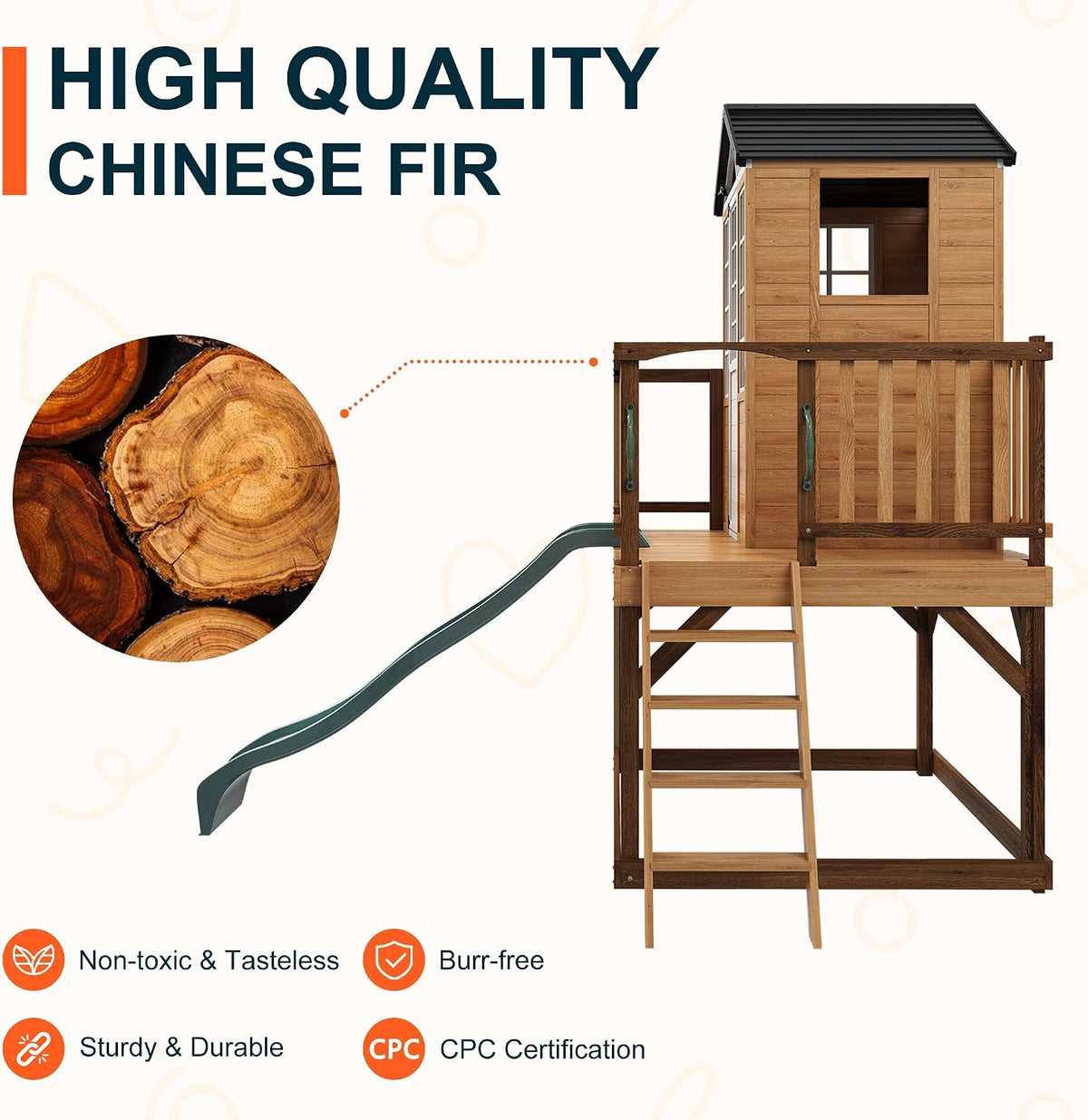 Elevated Outdoor Kids Playhouse, Fir Wood Playset with Wave Slide, Play Kitchen, Wrap-Around Deck, Flat-Step Ladder, Windows, Picnic Table, and Growth Chart for Ages 3-8, Natural Tone