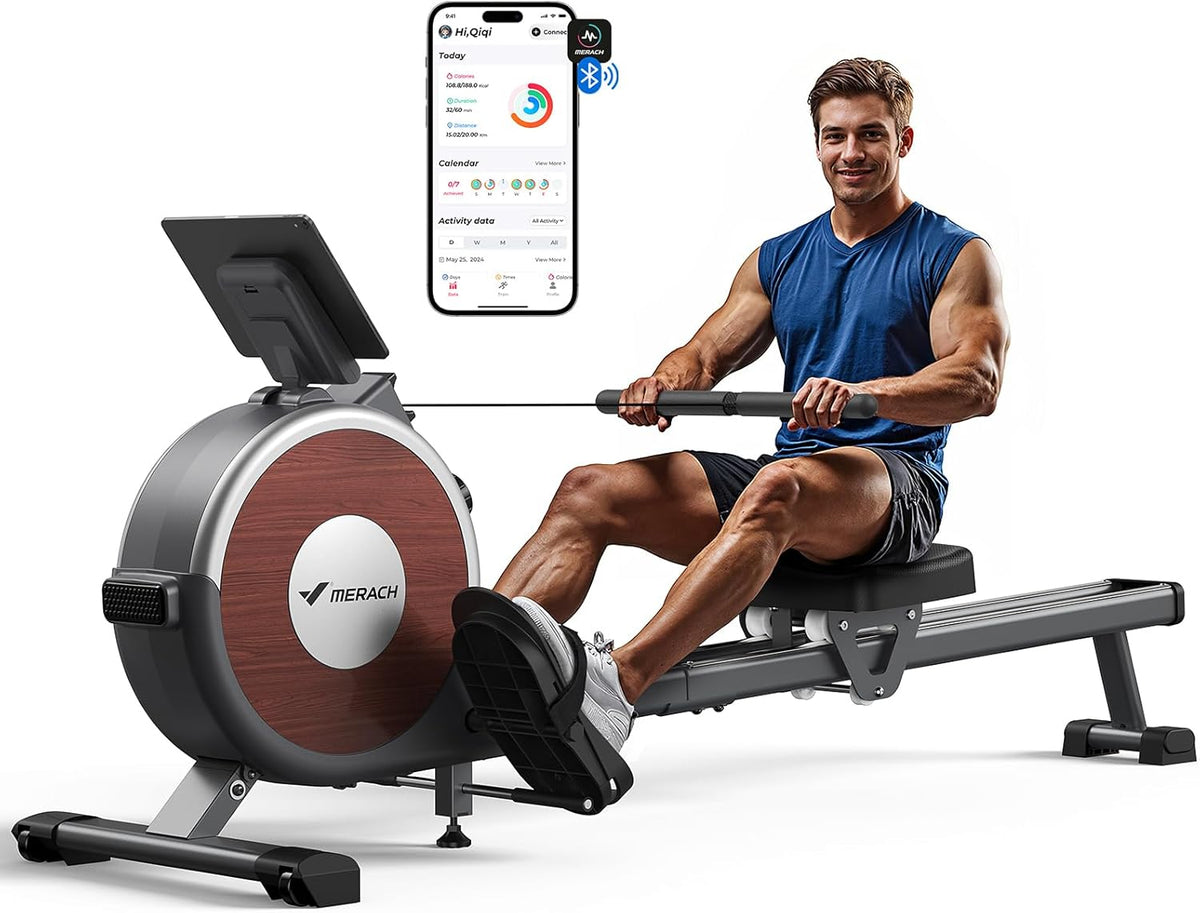 Merach Q1S Magnetic Rowing Machine Indoor, Dual Slide Rail, Quiet & Smooth 16 Levels Auto Electromagnetic Resistance, Max 350 lbs Capacity, 30-Min Assembly, Ergonomic Seat, Multi-App Support