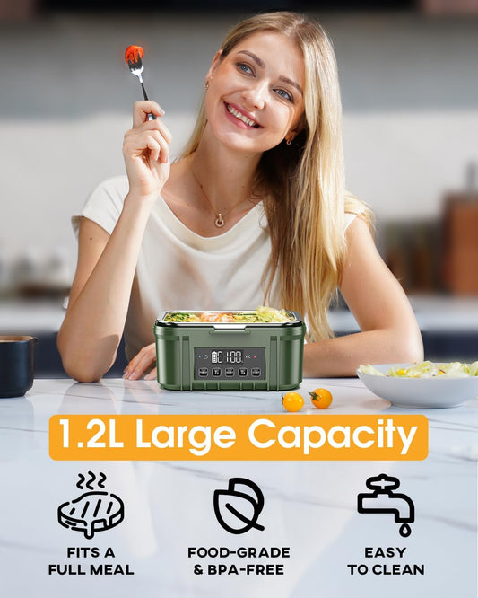 Cordless Electric Lunch Box for Adults – Battery-Powered Heated Lunch Box with 1.2L Stainless Steel Container, Timer Function, and Leak-Proof Food Warmer for Work, Travel & Office