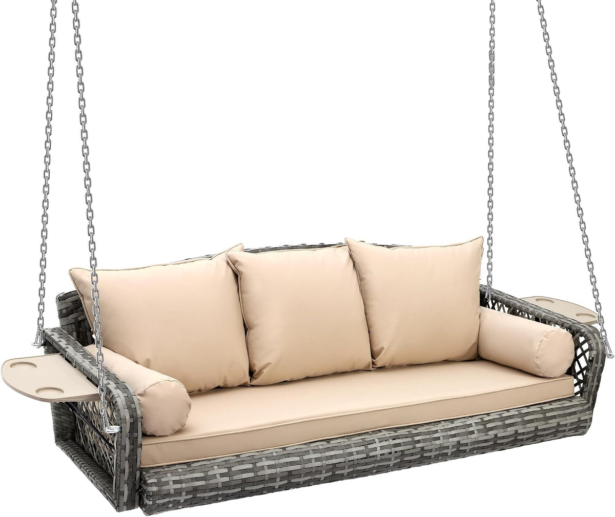 3-Seats Wicker Hanging Porch Swing, Outdoor Patio Swing Chair with Cushions Rattan Bench Swing Lounge with Armrest Cushions, Cupholders, Heavy Duty Chains 800LBS for Garden, Balcony, Living Room