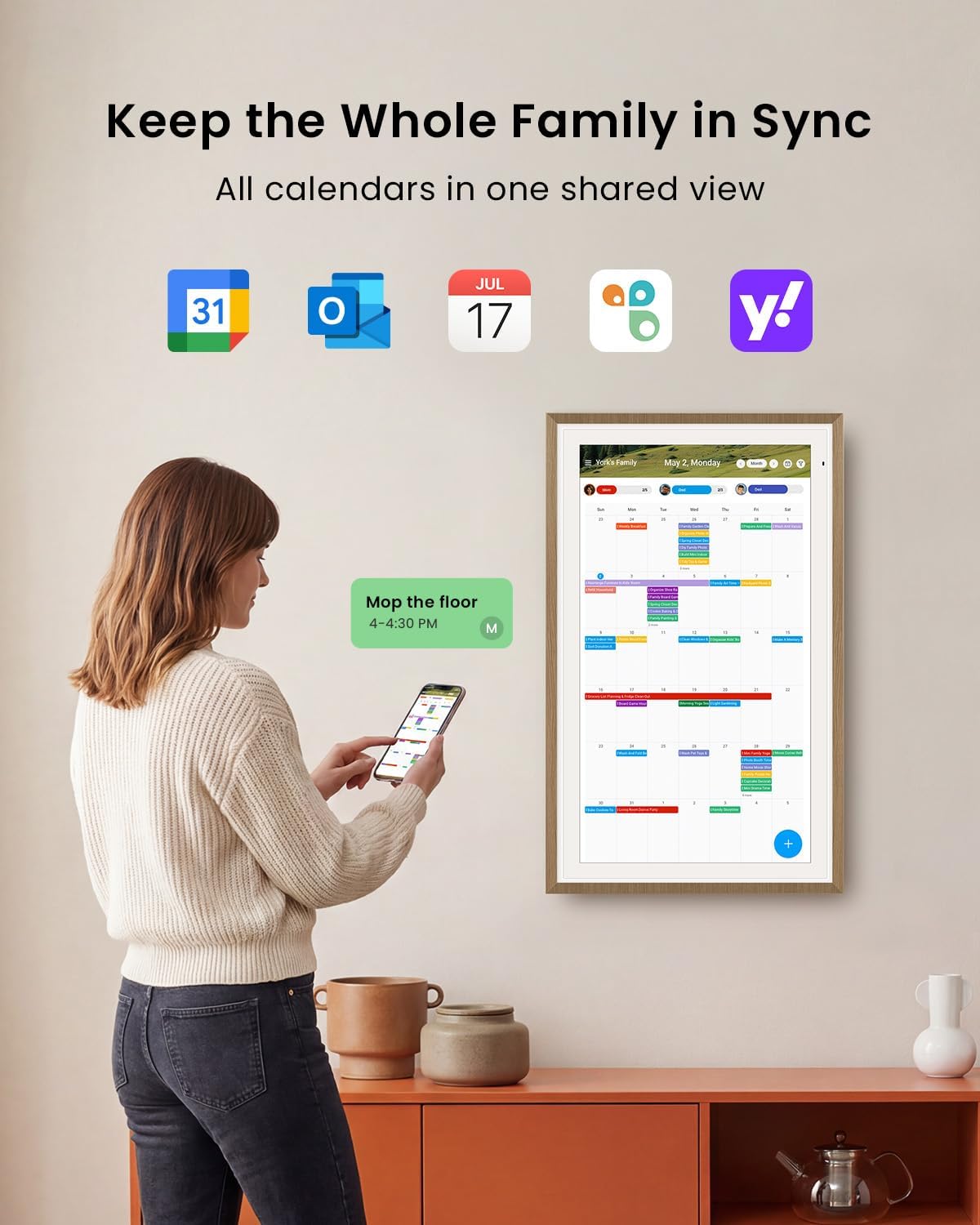 Apolosign 21.5-inch Digital Calendar, Smart Wall Planner with Calendar Sync, Chore Chart, Meal, Install Apps, Electronic Touchscreen Display for Family Schedules, Dual Mode, Wall Mount Included (Teak)