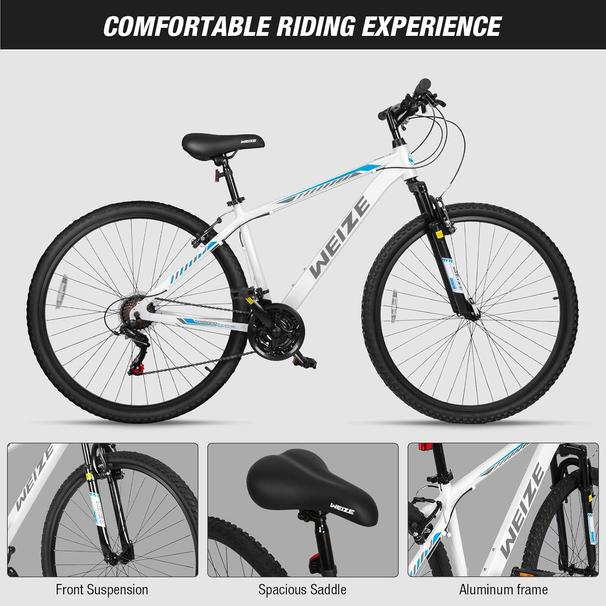 Hardtail Mountain Bike, 29 Inch Wheels Outdoor Cycling Bike, 21-Speed Trigger Shifter, Aluminum Frame for Men and Women, Comfort Saddle, MTB Bicycle with Suspension Fork, White