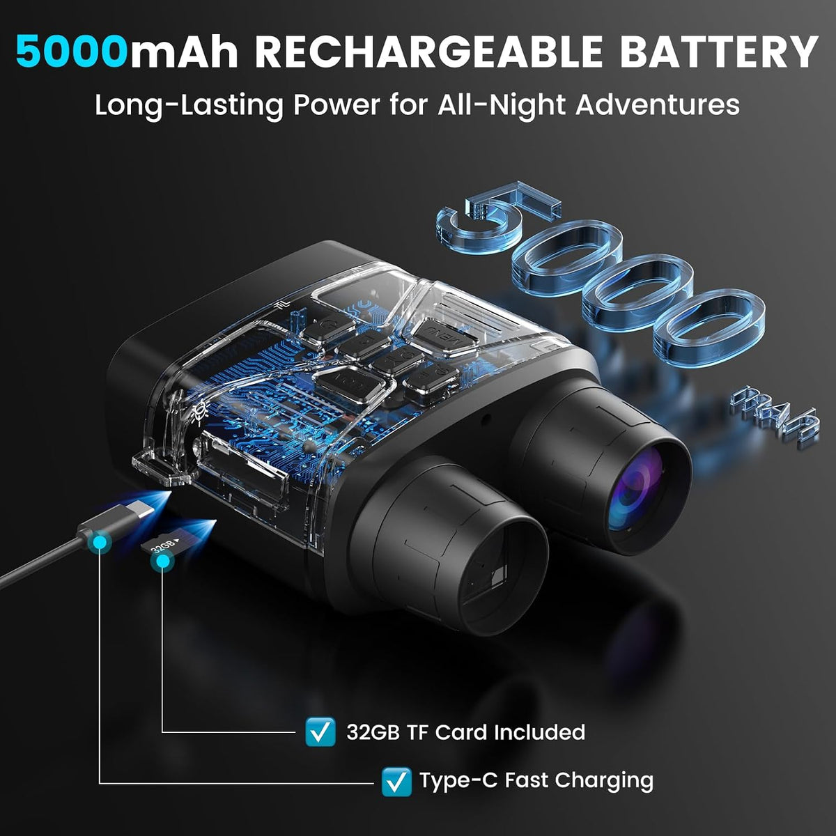 Night Vision Goggles, 4K Night Vision Binoculars for Adults 3" HD Display, 5000mAh Rechargeable Battery, 32GB TF Card Included for Wildlife, Camping & Security