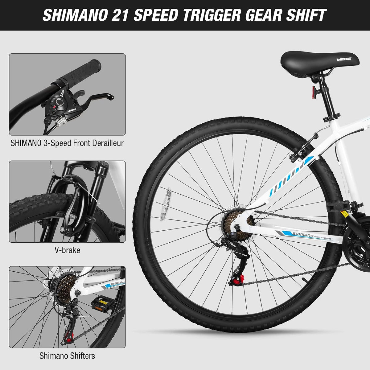 Hardtail Mountain Bike, 29 Inch Wheels Outdoor Cycling Bike, 21-Speed Trigger Shifter, Aluminum Frame for Men and Women, Comfort Saddle, MTB Bicycle with Suspension Fork, White