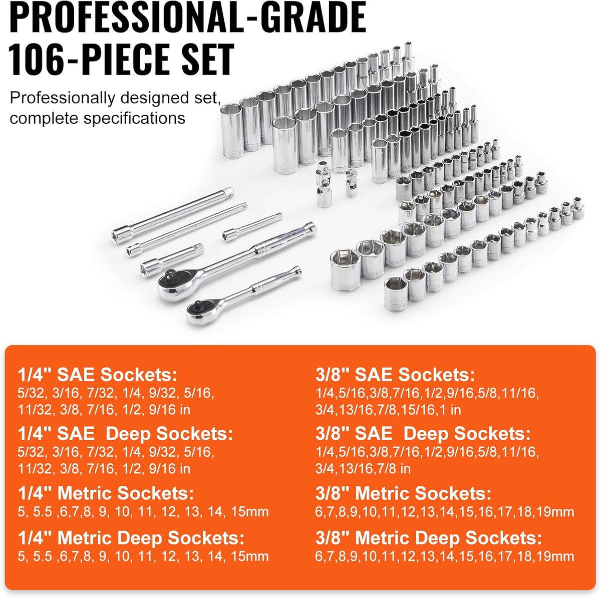 VEVOR Socket Set, 1/4" and 3/8" Drive Socket and Ratchet Set, 6-Point Socket Opening, 106 Pcs Tool Set SAE and Metric, Deep and Standard Sockets, 5/32-1 in, 5-19 mm, with Accessories, Storage Case