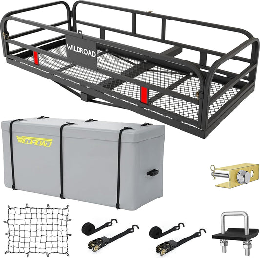 Wildroad 60"x24"x14" Hitch Cargo Carrier, Fits 2" Receiver - Cargo Bag Set 500-lb Load Capacity, Heavy-Duty Steel Construction, Waterproof Cargo Bag, 14" High Side Rails, Folding Cargo Basket