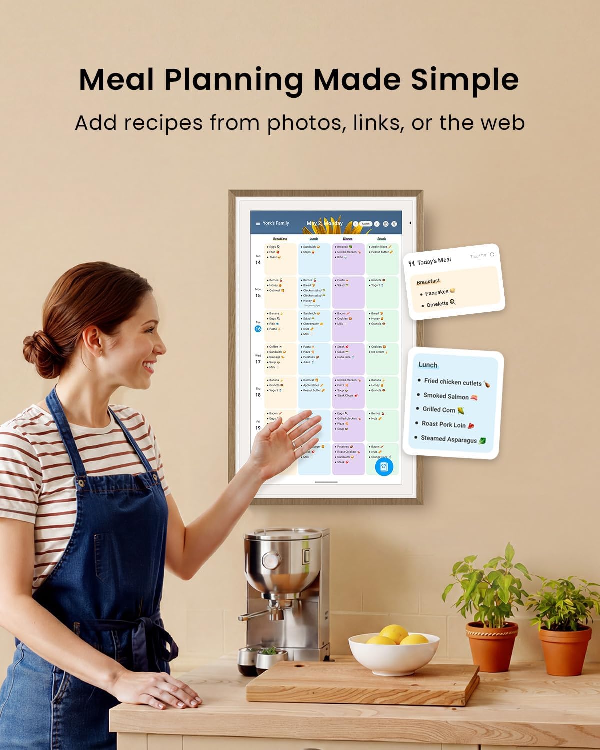 Apolosign 21.5-inch Digital Calendar, Smart Wall Planner with Calendar Sync, Chore Chart, Meal, Install Apps, Electronic Touchscreen Display for Family Schedules, Dual Mode, Wall Mount Included (Teak)