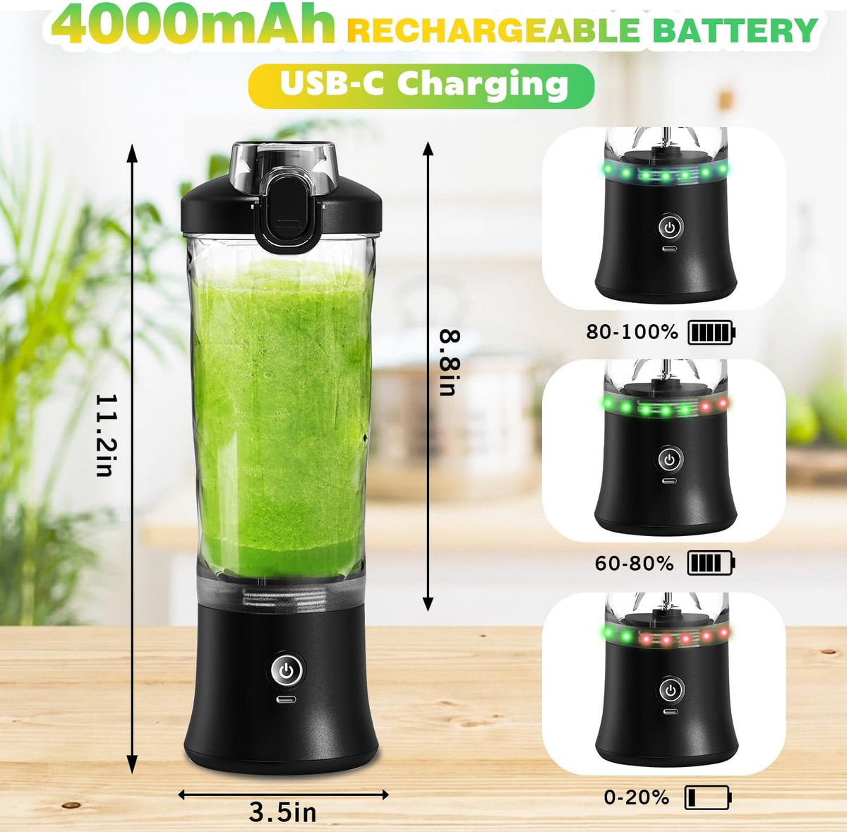 Portable Blender Personal Juicer for Shakes Smoothies with Insulated Sleeve 20 Oz Electric Protein Shaker Bottle, Travel Lid, USB-C Rechargeable, Mini Small Cordless Blender Cup for Kitchen Travel Gym