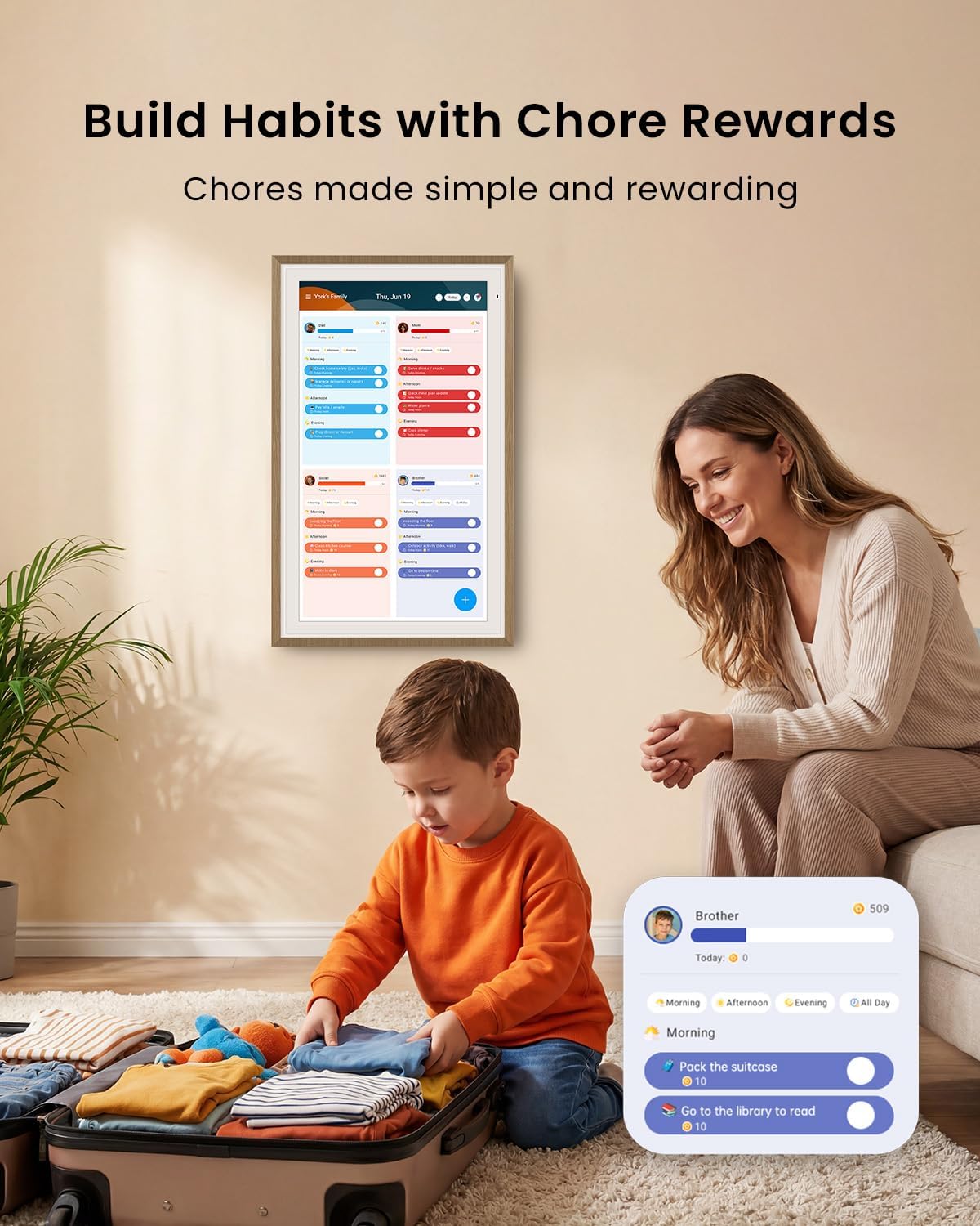 Apolosign 21.5-inch Digital Calendar, Smart Wall Planner with Calendar Sync, Chore Chart, Meal, Install Apps, Electronic Touchscreen Display for Family Schedules, Dual Mode, Wall Mount Included (Teak)