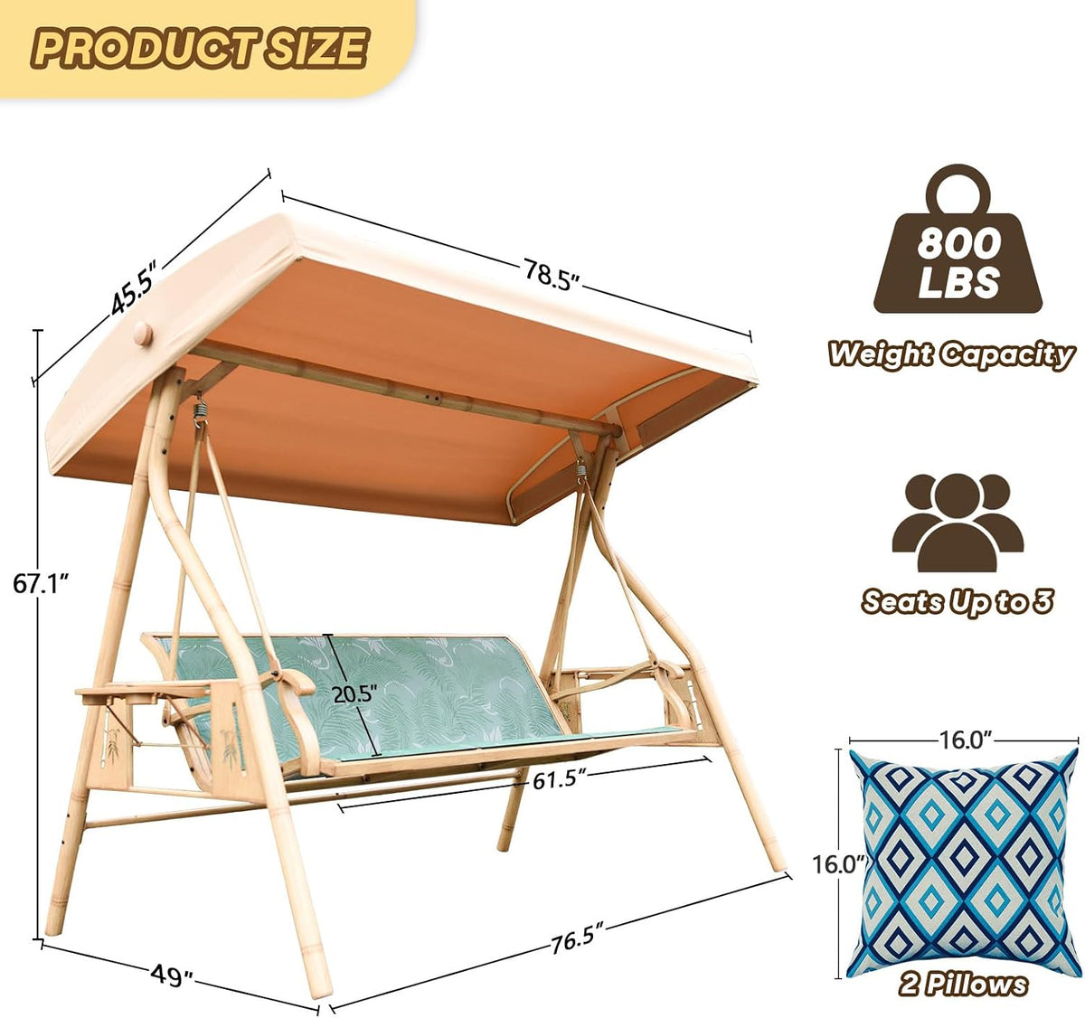 3 Person Patio Swing Outdoor Swing for Adults with Adjustable Canopy &Upgraded Cup Holders Textilene Fabric Porch Swing Chair with Stand Heavy Duty 800 LBS