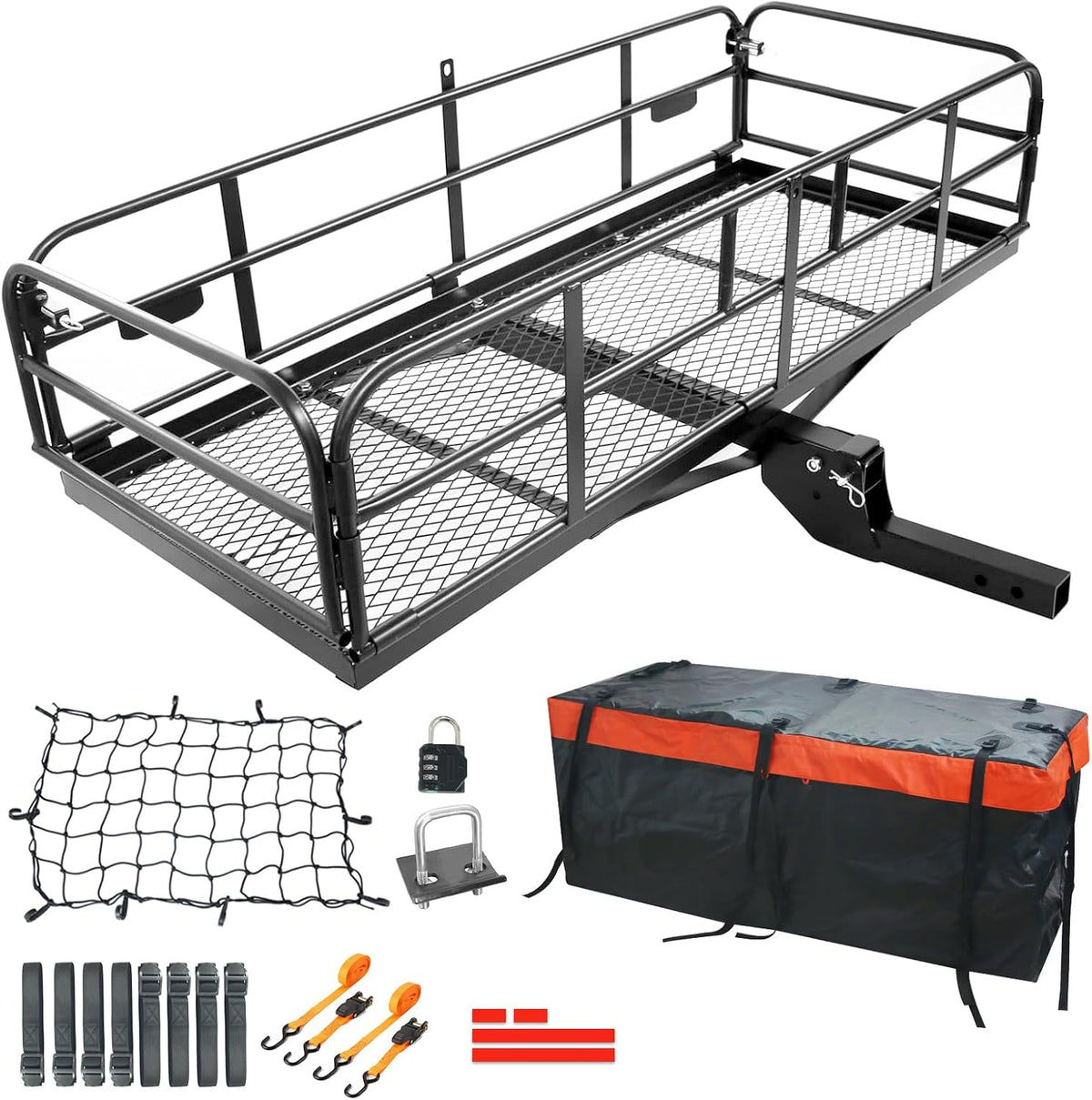 Hitch Cargo Carrier 60"x24"x14.4", 510 lbs Capacity Folding Rear Luggage Rack Fits 2" Receiver on Car SUV Pickup, Hitch Rack with Stablizer, Waterproof Bag, Net, Ratchet Straps, Straps Lock