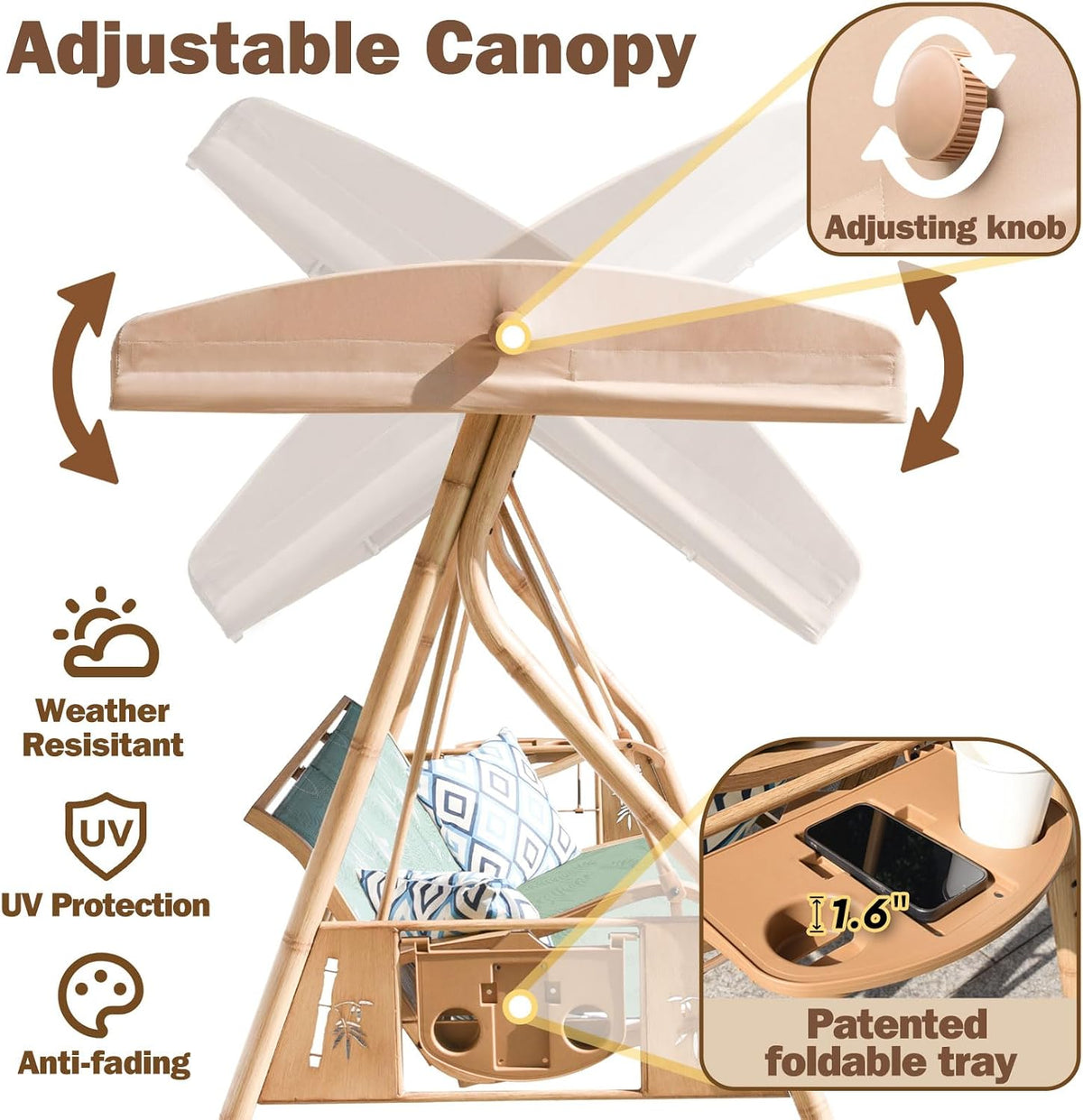 3 Person Patio Swing Outdoor Swing for Adults with Adjustable Canopy &Upgraded Cup Holders Textilene Fabric Porch Swing Chair with Stand Heavy Duty 800 LBS