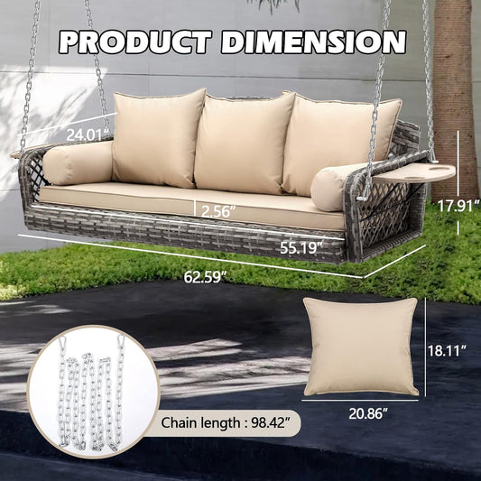 3-Seats Wicker Hanging Porch Swing, Outdoor Patio Swing Chair with Cushions Rattan Bench Swing Lounge with Armrest Cushions, Cupholders, Heavy Duty Chains 800LBS for Garden, Balcony, Living Room
