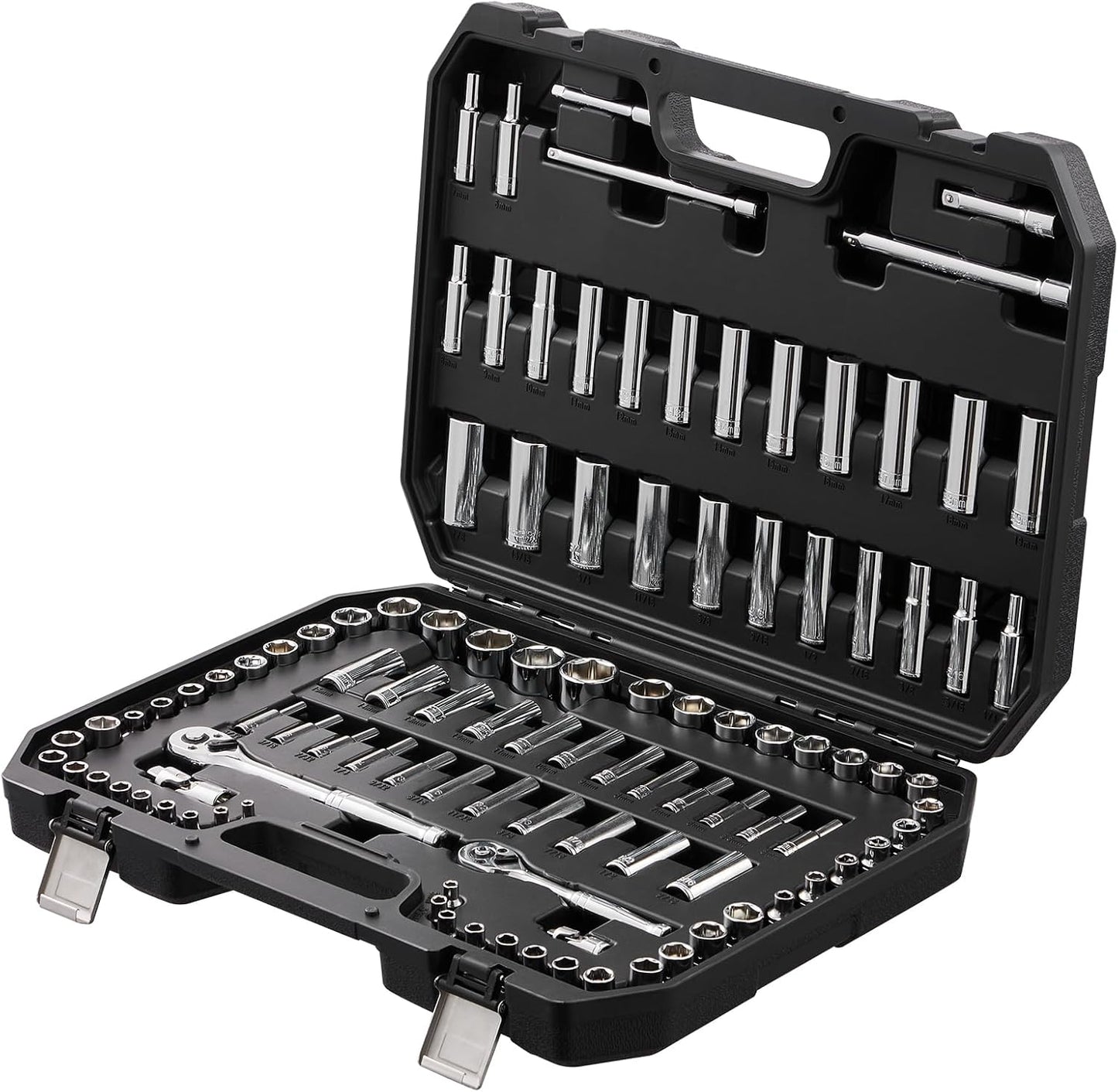 VEVOR Socket Set, 1/4" and 3/8" Drive Socket and Ratchet Set, 6-Point Socket Opening, 106 Pcs Tool Set SAE and Metric, Deep and Standard Sockets, 5/32-1 in, 5-19 mm, with Accessories, Storage Case