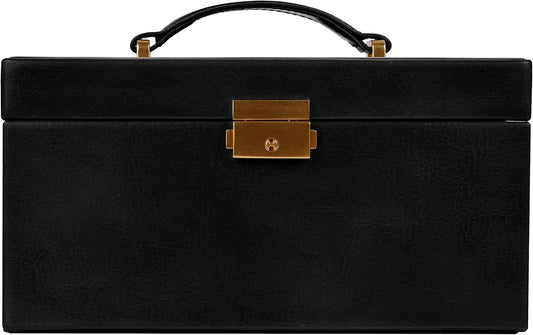 Time Resistance Jewelry Box - Full Grain Leather Jewellery Organizer - Accessories Storage Key Lock - Jewellery Box (Black)