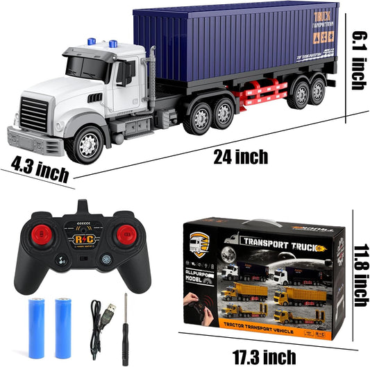 Remote Control Semi Truck with Trailer -24 Inch Semi Truck Toy for Kids,1:24 Container Truck with LED Lights & Music, Great Gift for Boys Girls