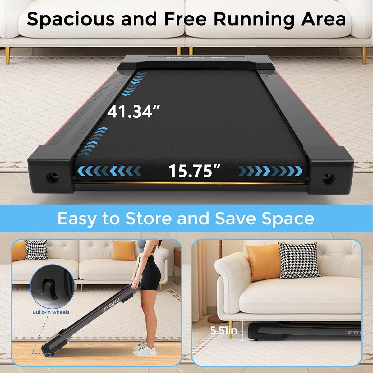 Walking Pad Treadmill, Under Desk Treadmill for Home Office, Wide Belt Compact Treadmills 300 lbs Capacity, 2.25HP Shock-Absorbing Walking Jogging Running Machine Remote Included