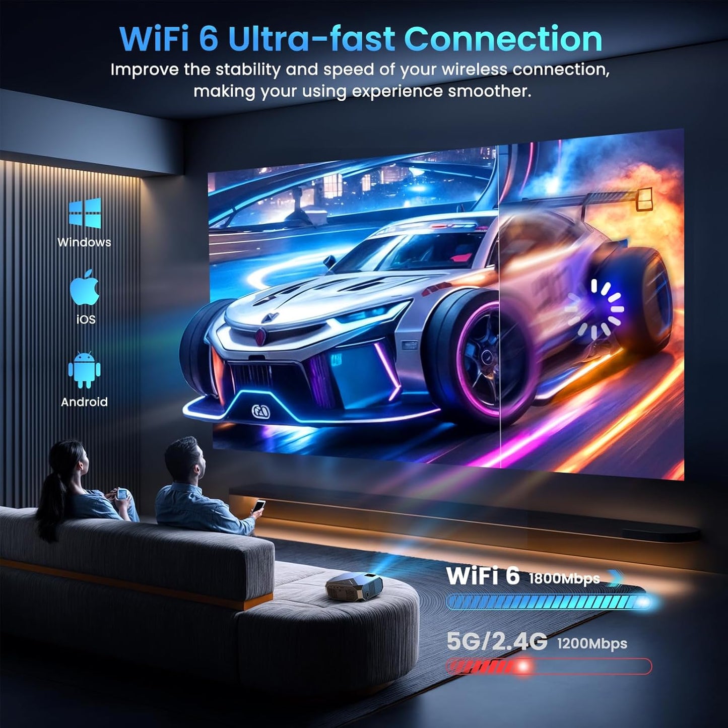 Official Licensed Netflix Smart Projector,  Projector 4K with Wifi and Bluetooth, Doiby Audio, Built-In Apps, Native 1080P 1000ANSI, Electric Focus, Portable Projector for Home Cinema, Bedroom