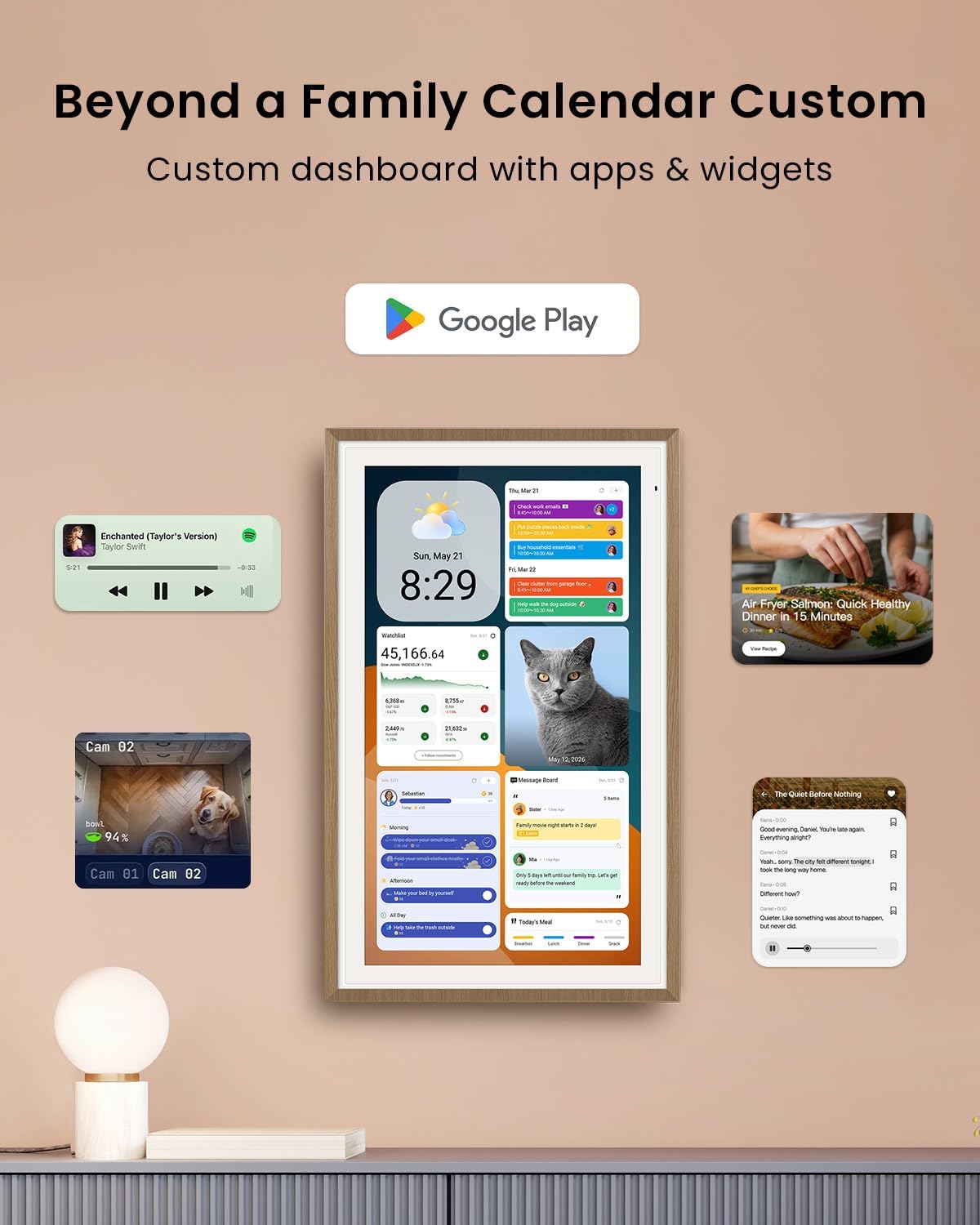 Apolosign 21.5-inch Digital Calendar, Smart Wall Planner with Calendar Sync, Chore Chart, Meal, Install Apps, Electronic Touchscreen Display for Family Schedules, Dual Mode, Wall Mount Included (Teak)