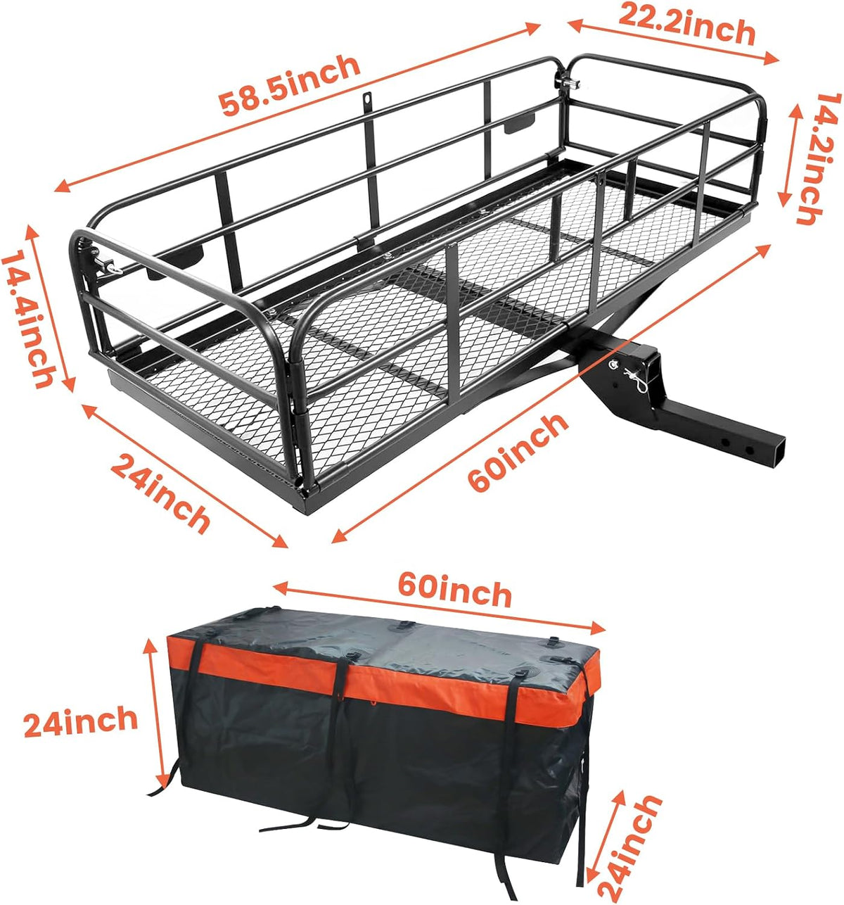 Hitch Cargo Carrier 60"x24"x14.4", 510 lbs Capacity Folding Rear Luggage Rack Fits 2" Receiver on Car SUV Pickup, Hitch Rack with Stablizer, Waterproof Bag, Net, Ratchet Straps, Straps Lock