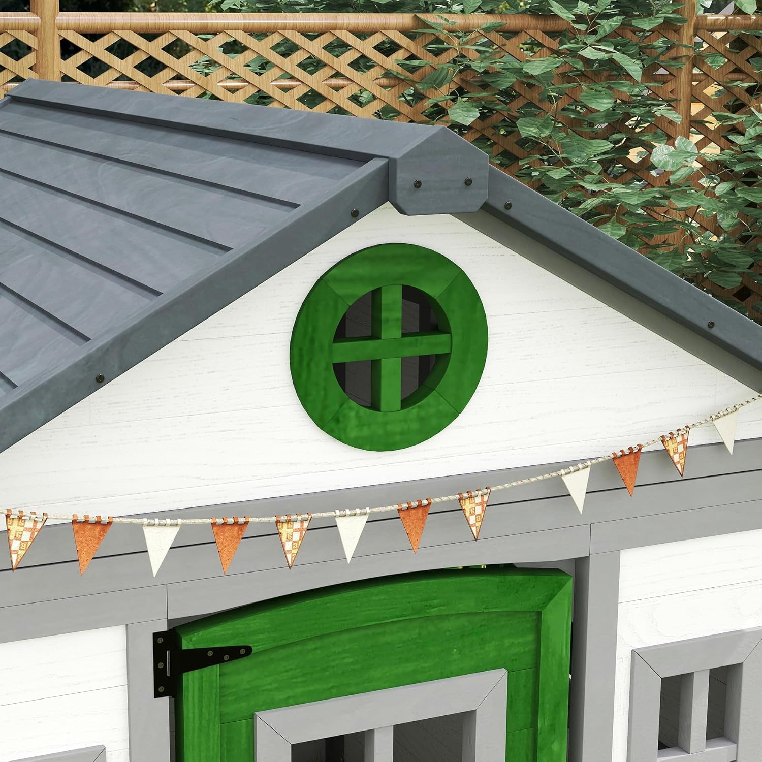 Outdoor Kids Playhouse, Wooden Playhouse with Doors, Windows, Planter Pots and Boxes for Toddlers 3-8 Years, Cottage Play House for Backyard, DIY Chicken Coop, White