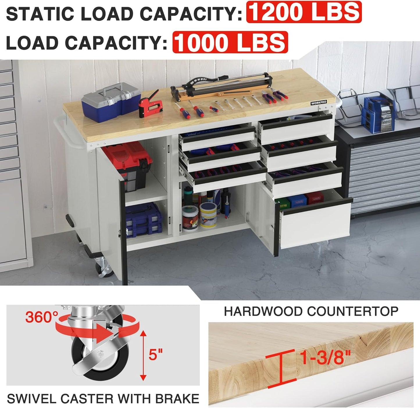62" X 20" 7-Drawer & 2-Door Rolling Tool Chest, Mobile Tool Storage Cabinet with Power Strip, Locking System, Heavy Duty Rolling Cabinet for Garage, Warehouse & Kitchen, 1000 Lbs Capacity